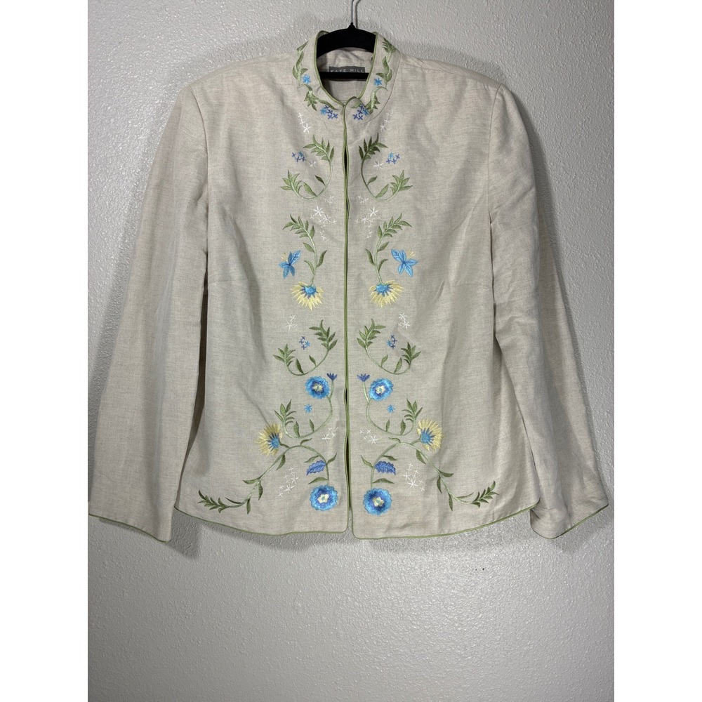 Kate Hill Woman Linen Blend Embroidered Floral Blazer Beige Blue 18W